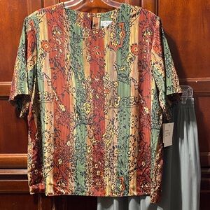 Rust cream green Patterned size 3X vintage top and pants set